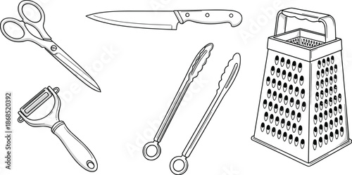 Kitchen utensils, cooking tools, chef gear, scissors, knife, peeler, tongs, grater, vector sketch, food prep, flat vector illustration