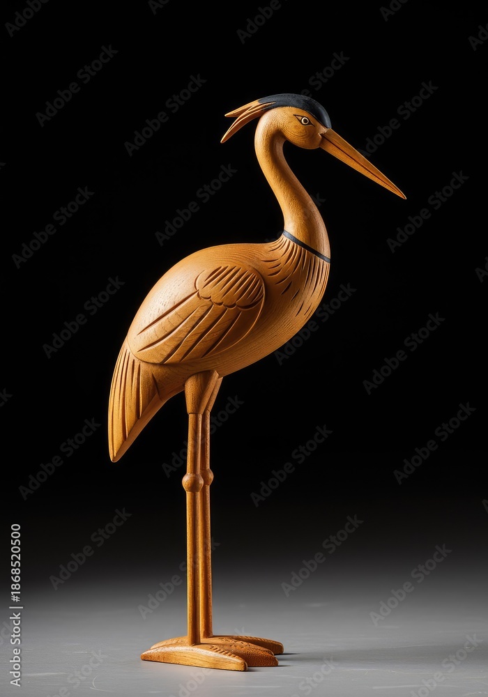Naklejka premium A meticulously crafted wooden figurine of a stylized crane bird standing elegantly on a plain surface, showcasing traditional folk art and smooth grain texture ,crane ,figurine ,carving