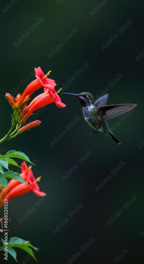 Fototapeta premium A minuscule, fast-moving iridescent hummingbird hovers delicately while drinking sweet nectar from a brilliant red trumpet flower in the tropical garden ,feeding ,hummingbird ,red