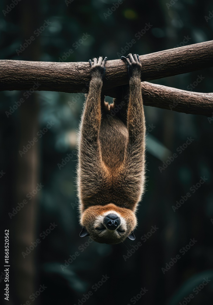 Naklejka premium A peaceful jungle mammal hangs upside down, completely relaxed and sleeping deeply on a thick branch, perfectly embodying slothfulness and total sluggishness ,animal ,laziness ,tropical