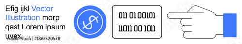 Digital data visualization, communication technology, coding, cybersecurity, information sharing, user guidance. Circular shape, binary numbers and pointing hand. Data visualization