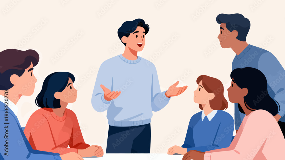 Fototapeta premium A group of people are sitting around a table, with one man standing in front of them. The man is talking to the group, and the people are listening intently. Scene is one of collaboration and teamwork