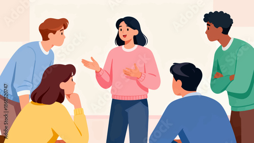 A group of people are sitting around a table, with a woman in the middle of them. She is talking to the group, and they are all listening intently. Scene is one of collaboration and teamwork