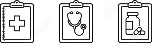 Set of three outline vector icons showing medical clipboards with cross symbol stethoscope and medicine bottle for healthcare.