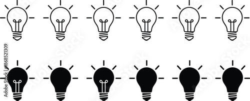 Set of twelve light bulb vector icons in outline and solid black styles representing creative ideas inspiration and innovation.