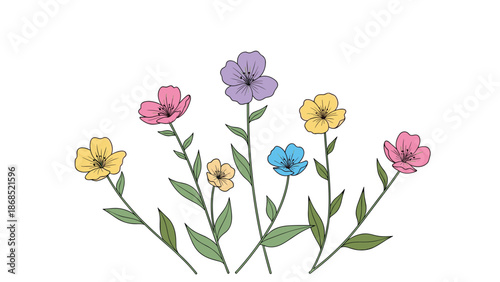 A lovely arrangement of colorful hand-drawn flax or cosmos flowers in pastel shades of pink, blue, purple, and yellow.