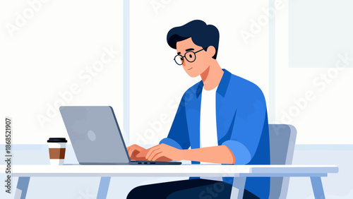 A man is sitting at a desk with a laptop and a cup of coffee. He is typing on the laptop and he is focused on his work. Concept of productivity and concentration