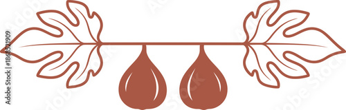 Stylized fig branch with two ripe fig fruits and leaves. Fruit harvesting and agriculture concept. Vector illustration for food design, menu, packaging
