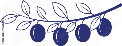 Olive branch with fruit icon isolated with outline leave for Mediterranean food, peace, organic product concept. Vector illustration