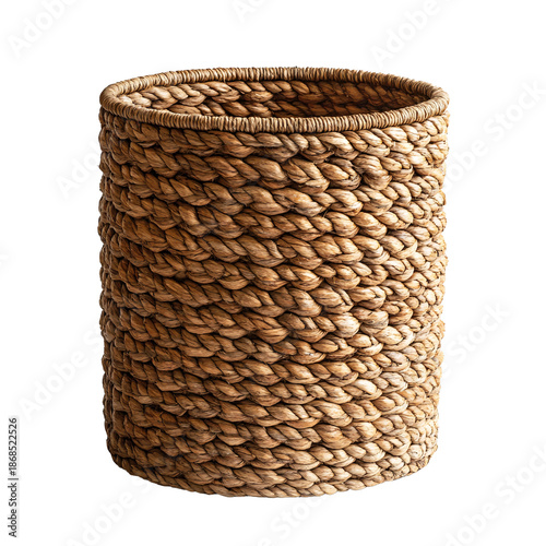 Front view of a tall cylindrical sisal woven basket studio shot isolated on a white transparent background