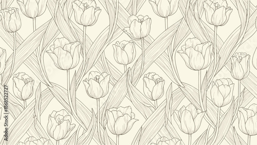 An elegant seamless floral pattern of tulip flowers and leaves drawn in a vintage, dotted line art style on a cream background.