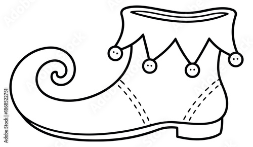 Hand drawn line art illustration of an elf shoe depicting a curly toe and bells for Christmas and fantasy themes