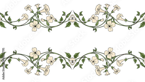 A seamless vintage floral border with elegant, symmetrical flowering vines, hand-drawn in a classic style with muted colors.
