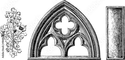 Ornate gothic object set: vintage engraved illustrations of architectural elements and floral design