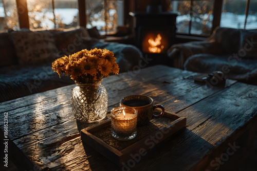Evening setup with flowers, coffee, and candle on a wooden table near a cozy fireplace
