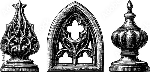 Vintage gothic architecture elements set featuring windows and decorative finials for design
