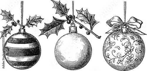 Holiday ornament vintage engraving set with bow and holly leaves