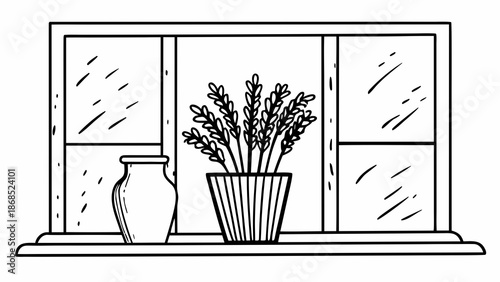 Illustration of a serene still life with lavender, vase, and window frame on a windowsill