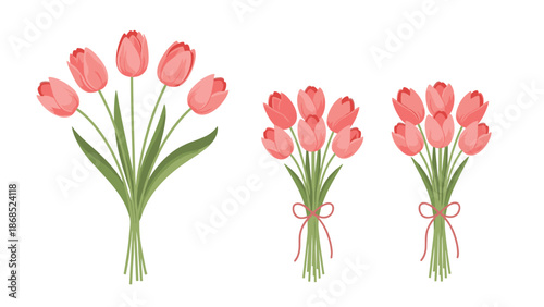 Charming watercolor-style illustrations of pink tulip bouquets, with one loose bunch and two tied with delicate pink ribbons.