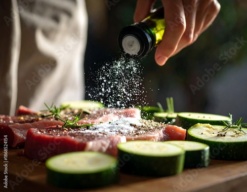 A close-up shows a hand seasoning raw steaks with salt and spices. Sliced zucchini and rosemary sprigs surround the meat on a wooden cutting board