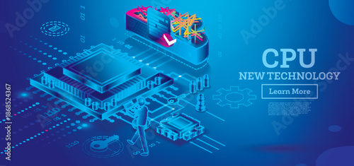 Vibrant Blue Futuristic Glowing CPU Motherboard Illustration.