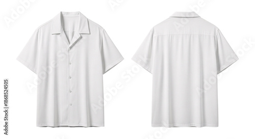 Fotografie Blank White Short Sleeve Camp Collar Shirt Mockup, Front and Back Views Isolated