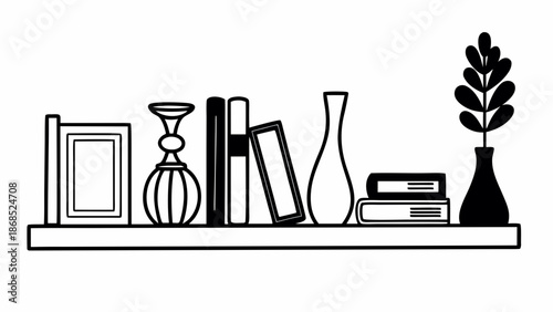 Black and white illustration of a shelf with books, vases, and a plant on it from a straight-on viewpoint