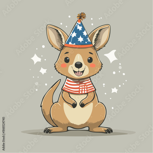 A cartoon kangaroo wearing a party hat and scarf standing in a festive atmosphere