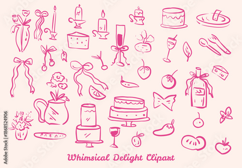 Whimsical Elegant Doodle Illustrations of Party Foods Gifts and Utensils.