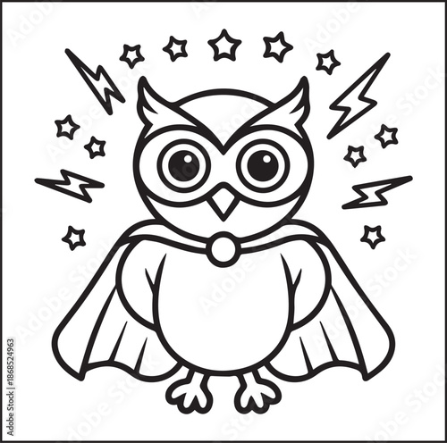 Animal coloring page for kids, Hand drawn owl wearing superman dress black line art vector illustration for relaxing coloring book design elements
