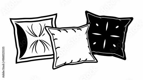 Three decorative pillows with distinct designs arranged together on a plain white background