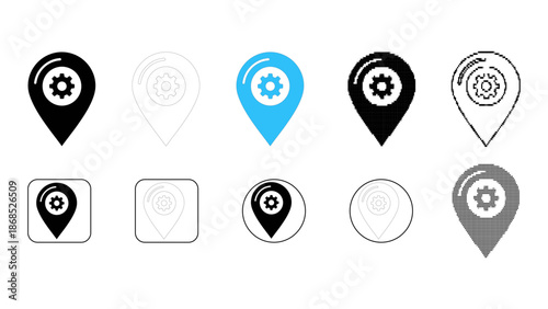 Location settings pin system map icon set in solid line dot pixelated colourful styles