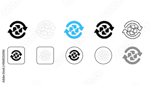 Refresh sync icon set illustrating update cycle process in solid line dot pixelated colourful style for system interface