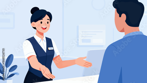 A woman is handing a man a piece of paper. The woman is smiling and the man is looking at the paper