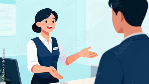 A woman is talking to a man at a counter. The woman is smiling and the man is wearing a suit