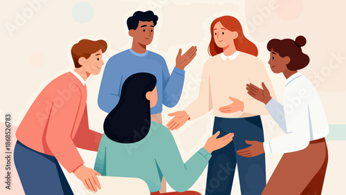 A group of people are standing around and shaking hands. The people are of different races and genders