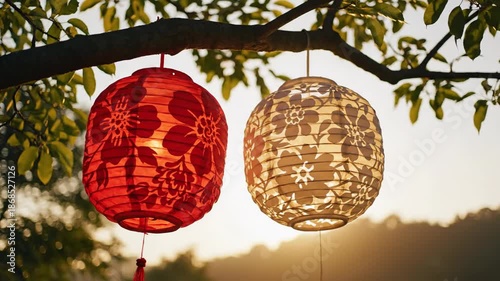 Two traditional paper lanterns hanging from a tree branch at sunset.