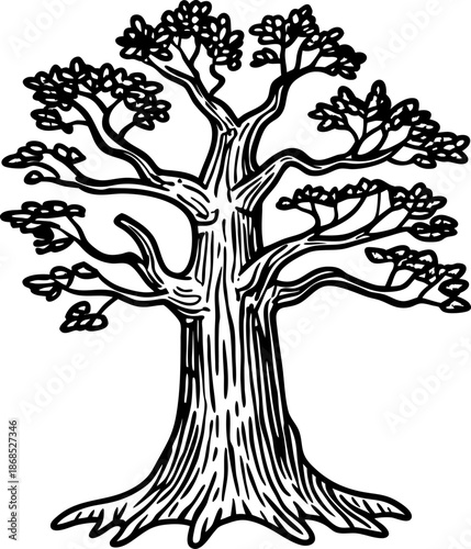 large tree with thick trunk and numerous branches, leaf clusters, natural nature silhouette