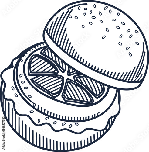Hand drawn burger illustration with tomato slice and sesame seed bun on white background