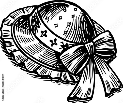 Vintage woman's sun hat with ribbon bow and decorative band, summer fashion accessory