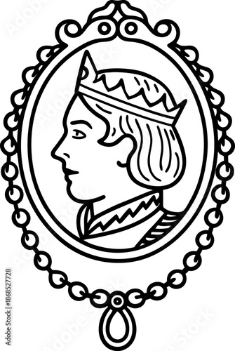 Vintage royal portrait of a king with crown inside ornamental oval frame