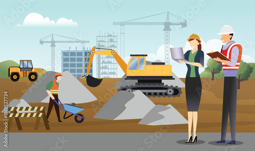 Construction supervisor overseeing field work at a building site with engineers and heavy machinery, building and construction concept