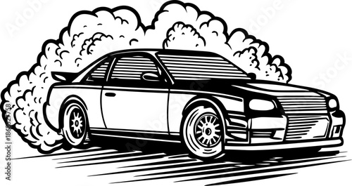 Sport car drifting with smoke and speed motion racing vehicle burning rubber in sharp turn and fast acceleration