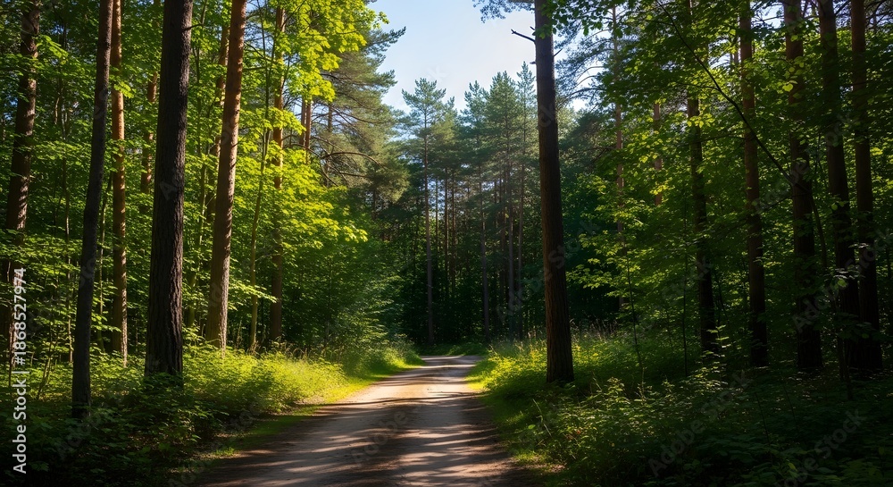 Obraz premium Forest path through tall trees with sunlight filtering through the canopy