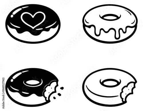 Hand drawn line art donut illustrations set featuring various iced and bitten donuts for bakery or sweet shop designs