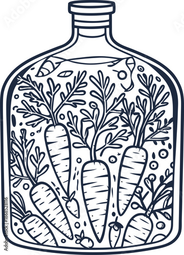Carrots growing inside a glass jar with foliage and small insects illustration