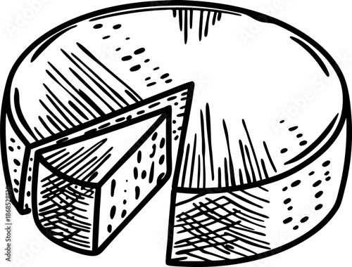 Whole round cheese with a wedge cut out hand drawn dairy food illustration