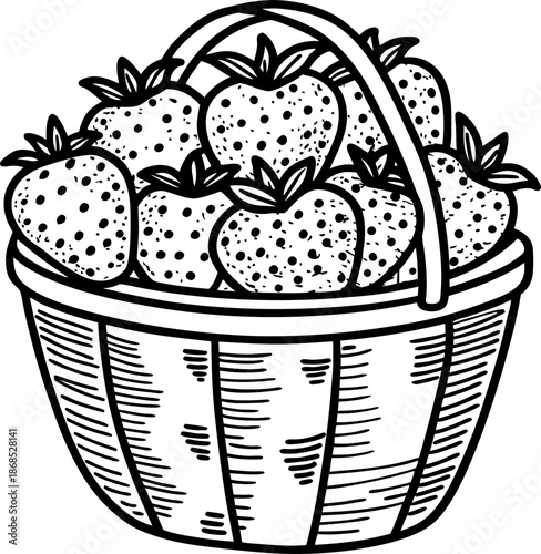 Basket filled with fresh strawberries, summer fruit harvest in a wooden basket