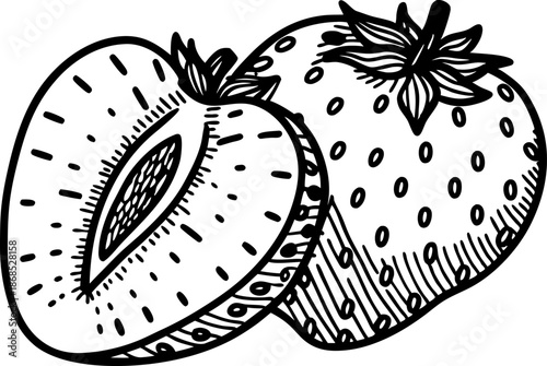 Strawberry fruit with half cut showing seeds and texture, hand drawn black and white illustration