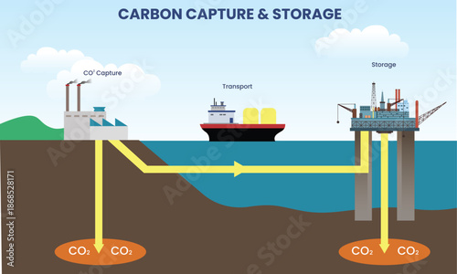 carbon capture and storage system explained vector illustration, technology and industry concept, CCS process for infographic
